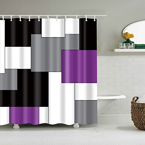 BOYOUTH Schwarz, Grau, Lila, Weiß, geometrisches Muster, Digitaldruck Duschvorhang für Badezimmer-Dekoration, Polyester, wasserdichter Stoff, Badvorhang mit 11 Haken, 165 x 178 cm, mehrfarbig