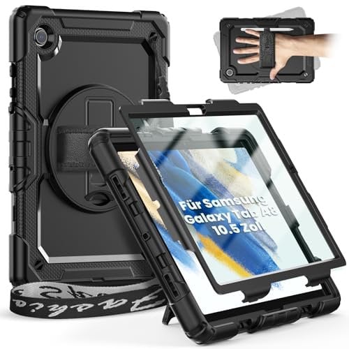 Timecity Hülle für Samsung Galaxy Tab A8 10.5 Zoll 2022 SM-X200/SM-X205/SM-X207, Stoßfeste Robust mit Displayschutzfolie Drehbar Stände, Handschlaufe, Schultergurt Schutzhülle für SM-X200,Schwarz