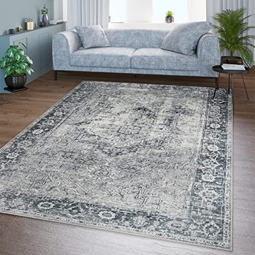 TT Home Wohnzimmer Teppich Flachgewebe Marokkanisch Design Used Look Ornamente Waschbar, Farbe: Grau 2, Größe:240x340 cm