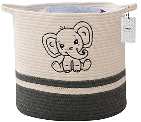 Inwagui Elefant Baumwollseilkorb Baby Wäschekorb Groß Geflochten Aufbewahrungskorb mit Griffen für Kleidung, Spielzeug, Kinderzimmer - Schwarz & Weiß