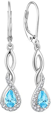 FJ Damen März Geburtsstein Aquamarin Ohrringe 925 Sterling Silber Hängend Unendlichkeit Infinity Schmuck Geschenke für Frauen Mutter Freundin Mama