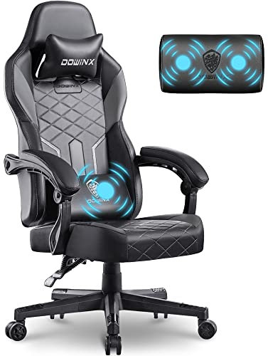 Dowinx Gaming Stuhl Racing Gamer Stuhl mit Frühling Kissen, Ergonomischer Gaming Sessel mit Massage, Bürostuhl PU Leder PC-Stuhl Verbreiterte Rückenlehne 150KG (Schwarz Grau)
