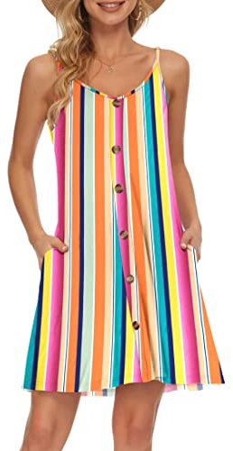 AUSELILY Damen Kleider Sommer Spaghettiträger Knielang Strandkleider Kurz V Ausschnitt Kleid Leicht Mit Taschen Sommerkleid Für Frauen