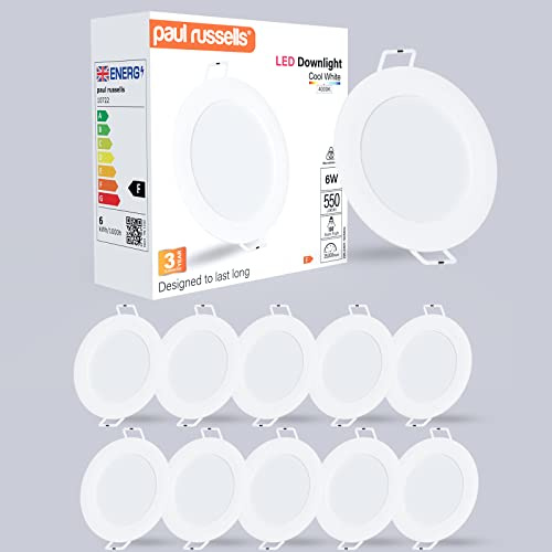 paul russells LED Ceiling Downlights, 6W Slim Recessed Bathroom Downlights, Kitchen Ceilings, 550 Lumens, 4000K Cool/Natural White, Cutout 85-95mm, Round Non-Dimmable Panel Spotlights, 10 Pack