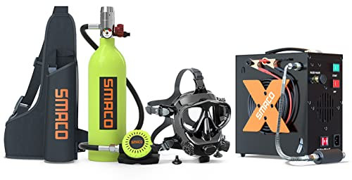 SMACO Mini Tauchflasche Kit 1L Tauchtank mit Tauchmaske für 15 Minuten Atemzeit, Tauchflasche für flaches Tauchen, kompatibel mit Tauchpraxis/Unterwasserarbeit/Backup-Luft, Set D (Grün)