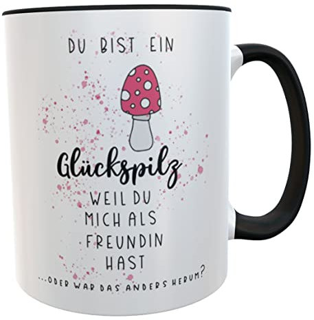 Kilala Lustige Kaffeetasse Glückspilz schwarzer Henkelbercher mit frechem Spruch - Das Geschenk für deine Freundin (schwarz)