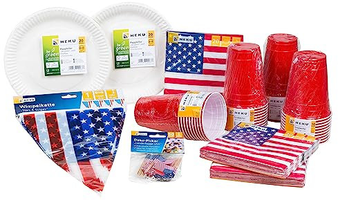 HEKU 191-tlg. USA Party-Set I Pappteller Ø23cm, rote Becher, 3-lagige Servietten 33x33cm, Deko-Picker, 10m Wimpelkette I Perfekt für Themenpartys und Nationalfeiertage