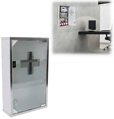 AufuN Medizinschrank aus Edelstahl, abschließbarer Arzneischrank Hausapotheke mit Glas Tür, Erste Hilfe Schrank, 3 Fächer für zu Hause, Silber, 30x12x50cm