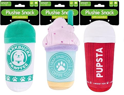 YöL Pack of 3 Plush Novelty Dog Toy Squeaky Coffee Inspired Puppy Christmas Birthday Present Pup Cup Puppaccino
