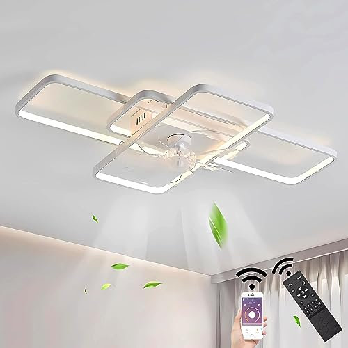 J.SUNUN Moderne Smart-LED-Deckenleuchte mit Ventilator,60W Deckenventilator mit Lampe,Lampe mit ventilator,Ventilator mit licht,Stufenlos Lüftungsgeschwindigkeiten,Mühelose Lichtdimmung 3000-6000K