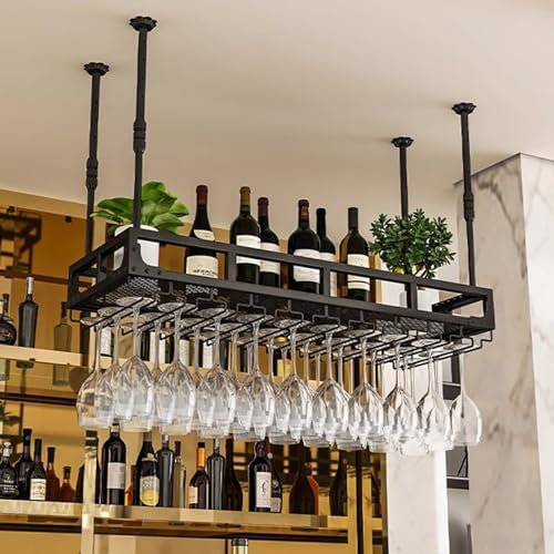 Deckenregal Weinregal, Decken-Weinregal, hängender Weinglashalter, Vintage-Weinflaschenhalter mit Stielglashalter, an der Wand montierter Weinhalter, höhenverstellbar (Size : 120x35x21cm)