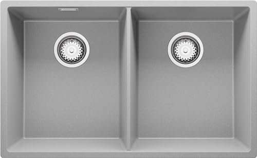 Fregadero bajo Encimera Gris 76x47cm, Fregadero Cocina 2 Senos + Sifón, Granito al mueble 80cm - London Twin de Primagran