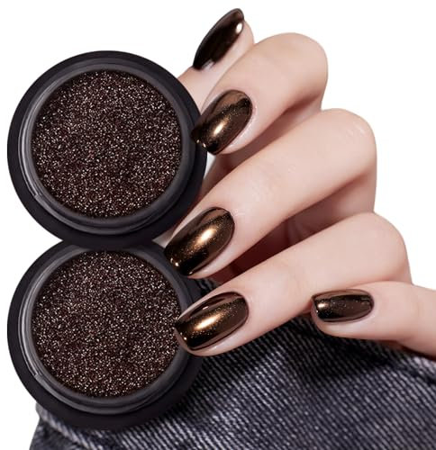 2 Stück Kaffeebraunes Nagelpulver, Chrom, Holographisch, Schwarz, Gold, Metallic, Spiegeleffekt, Schokolade, für Nägel, Acryl-Pigment, für Nägel, Gel, Polish, Dekoration für Winter-Maniküre