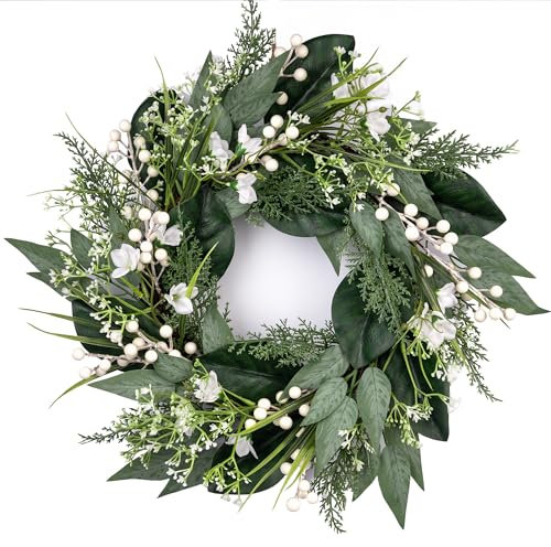 Eucalyptus Spring Wreaths for Front Door and Window, White Berries and Flowers for Wedding Porch Farmhouse Patio Garden Decor Wreath Front Door All Seasons 20 Inch
