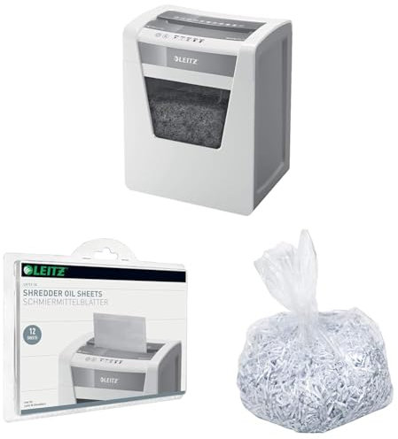 Leitz IQ Set Aktenvernichter Office Sicherheitsstufe P5, Mikroschnitt, 11-10 Blatt Kapazität (70-80 g/m²), 23L Abfallbehälter, 80020000 + IQ Ölblätter 80070000 + IQ Poly-Auffangbeutel 80080000