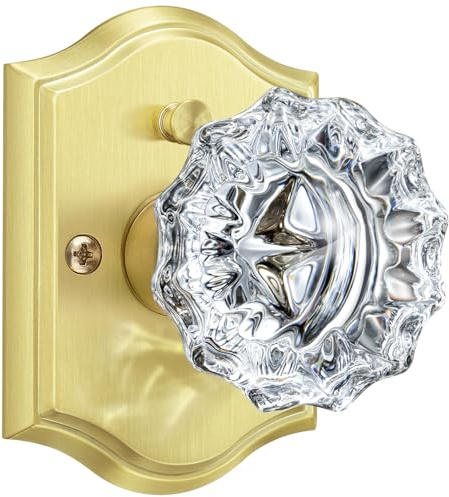 Calzibeno Glass Door Knobs, Privacy Gold Door Knob Interior, 1 Pack | Rosette Crystal Door Knobs Inteiror with Lock, Zinc Alloy Glass Doorknob for Bedroom Bathroom, Antique Vintage Door Knob