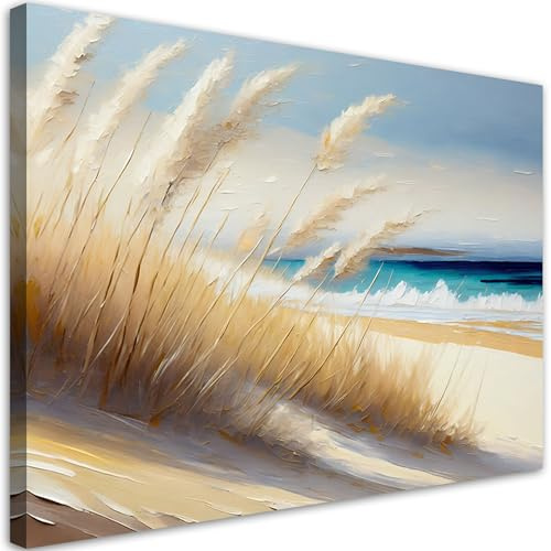 Feeby Leinwandbilder - Deko Bilder - Strand Meer Gräser wie gemalt - Canvas 120x80 1tlg- Wandbilder Schlafzimmer - Aesthetic Room Decor - Modern Wanddeko - Bild auf Leinwand - Fertig Gespannd