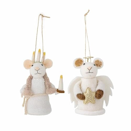 Bloomingville PEO Set of Two Wool Ornaments in the Shape of Small Mice, White, Dimensions: H12xW7