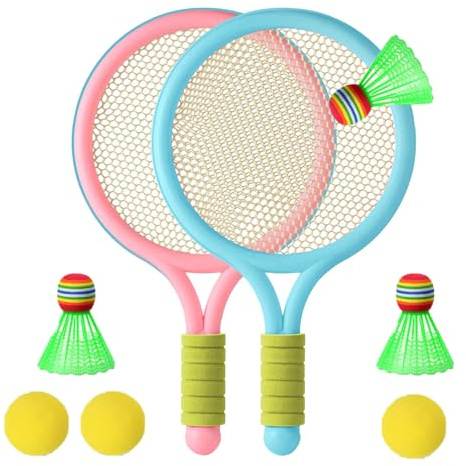 WanderGo Tennisracketar, 2 blå och rosa tennisracketar i plast och 3 skyttlar och 3 tennisbollar, tennisset för barn, bättre lek inomhus och utomhussport i kallt väder