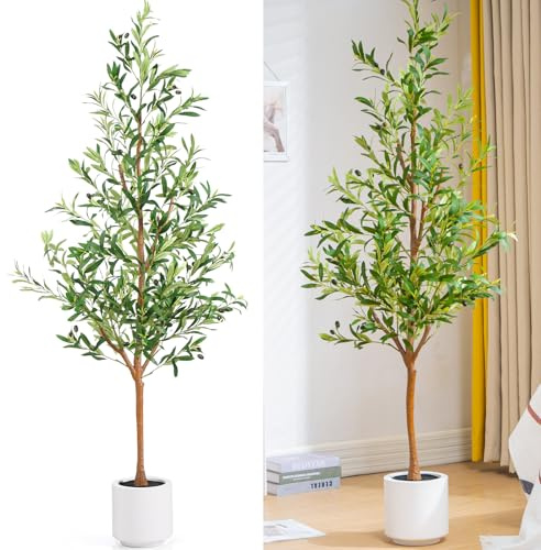 Pertivery Ulivo artificiale da interno da 1,8 m, alto 1,8 m (182,8 cm), ulivo finto con fioriera bianca, piante di ulivo in seta sintetica con rami e frutti realistici per la decorazione di casa e
