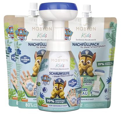 MABYEN PAW PATROL Kids Set Schaumseife (blau) | Naturkosmetik - Kinder Handschaumseife + Refill - 1x Schaumseife Chase (180ml) + 3x Paw Patrol Nachfüllpack Chase (250ml) - Blaubeerduft – Handseife
