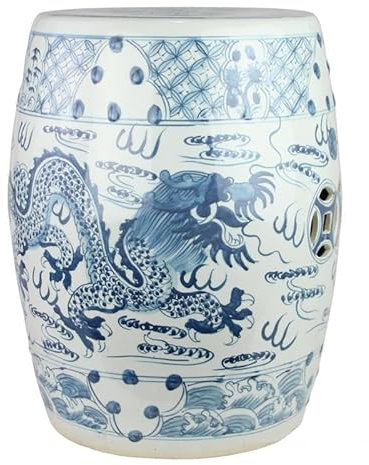 Taburete de jardín de cerámica Taburetes decorativos de jardín de porcelana azul y blanca, taburete de tambor con pájaros y dragones pintados a mano, mesa auxiliar hexagonal, taburetes for cambiar zap