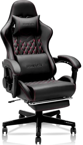 HOMRACER Gaming Chair with Footrest, Gaming Chair for Adults, Ergonomic Massage Lumbar Support, High Back Leather Video Office, 200kg Black