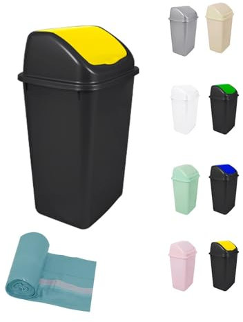 JARDIN202 - Cubo de Basura con Tapadera Basculante - 30/50 Litros - Ideal para Hogar y Oficina | 50 L + Bolsas (Amarillo - Negro)