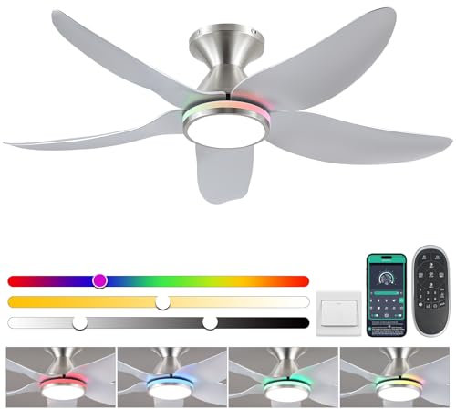 Surtime Deckenventilator mit Beleuchtung Leise, 117cm Deckenventilator mit Licht und Fernbedienung für Schlafzimmer Wohnzimmer, 6 Geschwindigkeiten, Dimmbar, Umkehrbar DC Motor, Nickel