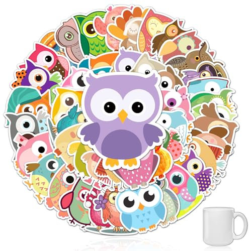 cuhostki Eule Aufkleber, 50 Stück Tiere Sticker Set, Cartoon Eule Sticker, Wasserdicht Vinyl Aufkleber, Für Laptop, Skateboard, Scrapbook, Trinkflasche, Handy, Tagebuch