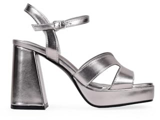 BOSANOVA Sandalias de Fiesta para Mujer con Aberturas en la Pala, Suela de Plataforma y tacón Ancho de 10 cm. Cierre de Pulsera con Hebilla. Calzado para Mujer Plomo 38