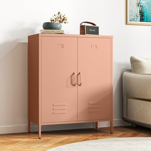 Kommode Optimierter Belüftung – Metall Sideboard mit Doppeltür, Metall Kommode verstellbaren Regalböden, stabil & langlebig, mit durchdachter Anleitung,Mehrzweckschrank (Rostrot)