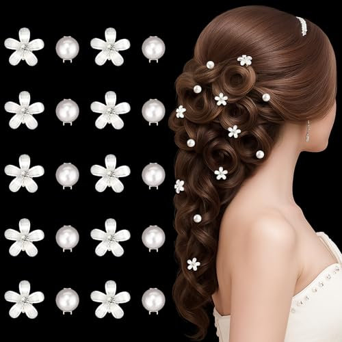Becellen 20 Pezzi Haarklammer Klein Blumen, Mini Weiße 3D Haarschmuck Kleine Perlen Haarspange mit Strass Elegante Hochzeit Haarklammer Kommunion Mädchen Haar-Accessoires für Frauen Mädchen