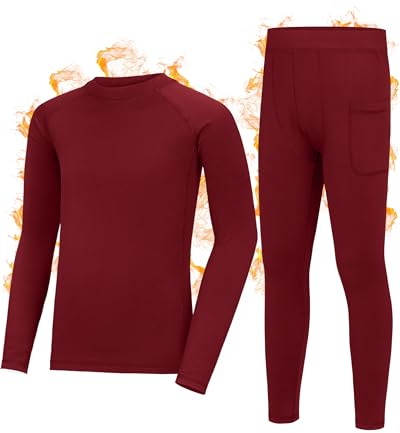 Roadbox Boys Thermal Underwear Set - Kids Fleece Lined Tops & Bottom Compression Soft Long Johns Base Layer for Skiing Red