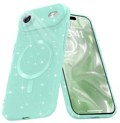 Micoden for iPhone Air Case [Compatible with Magsafe] Magnetic Phone Case Glitter Bling Sparkle Women Girl Shockproof with Camera Protector for iPhone 17 Air,Mint Green