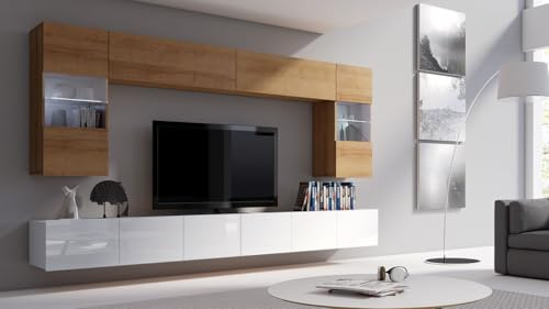 Generisch Moderne Wohnwand CALABRINI-1 Wohnzimmer-Set Hängewohnwand Hochglanz 10-Farben (Weiss + Eiche Gold - OHNE LED-Beleuchtung)