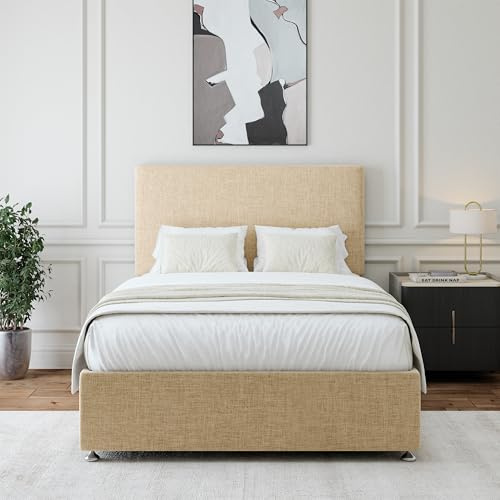 Bedmaster Linen Divan Bed Base With Storage And Plain Headboard - Colour And Size Options (Natural 2 Drawer, Small Double)