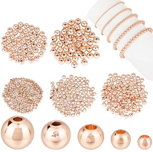 Beebeecraft 500Pcs 5 Sizes Smooth Round Beads Rose Gold Plated Brass 2/3/4/5/6mm Small Metal Loose Charms Seamless Ball Spacer Beads for Jewelry Making Bracelets Earrings Necklaces DIY Crafting