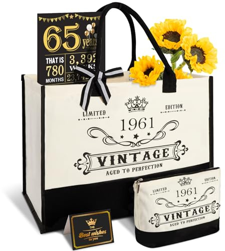 65. Geburtstagsgeschenk für Frauen-Vintage 1961 Tote Tasche, Make-up Tasche | Große Kapazität, Leicht zu Reinigen und Wiederverwendbar, Wasserdichte Beschichtung, Leinwand Tasche,Geburtstagskarte 65 Frau