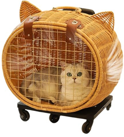 Katzenwagen - Rattan Hundewagen Katzen-Transportbox Mit Rädern - Transportwagen Retro Für Mittlere Welpen Kitten - Für Kätzchen Kleintiere