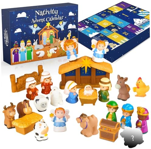Krippen-Adventskalender, 25-teilig, niedliches Krippenset für kleine Menschen, glückliche Eltern-Kind-Zeit, religiöser Adventskalender für Kleinkinder, Kinder, Jungen, Mädchen