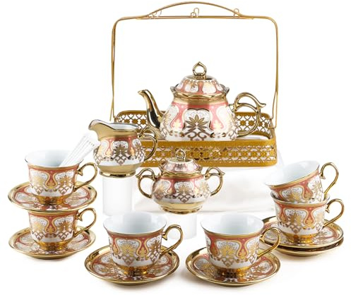 TeamSky 22Pcs Tea Cup Set – Vintage Porcelain Tea Set for 6, Afternoon Tea Set, Porcelain Tea Set, Includes 37 oz Tea Pot, 7 oz Teacup, Saucer, Sugar Jar, Cream Jug, Perfect for Wedding Birthday Gift