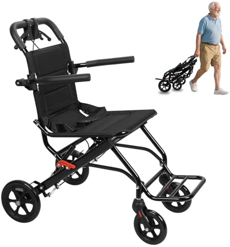 Reiserollstuhl Ultraleicht Faltbar Nur 8,2kg, Faltbarer Rollstuhl mit Sicherheitsgurt und Handbremsen, Transportrollstuhl, Belastbarkeit 91 kg (Schwarz 2, Sitzbreite 40 cm)