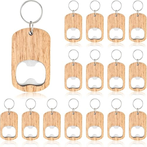 Pinafresa Chain Unfinished Key Tags Wooden Keychain Bottle Opener Blanks 16Pcs Wood Engraving Bulk DIY Gift for Party Favors