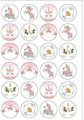24 PRE CUT Beautiful Unicorn Flowers Themed Edible Wafer Paper Round Cake Toppers Decorations