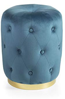 Baroni Home Zylindrischer Gesteppter Hocker mit Goldenem Sockel, Fußhocker im Glam-Stil, Hocker für Wohn- und Schlafzimmer, eleganter Pouf-Hocker, Blau, 36x36x47 cm