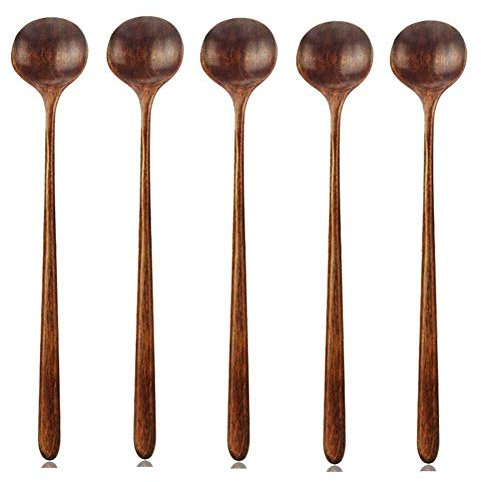 BYFRI 10.9inch Longue Cuillère À Soupe, Style Coréenne Cuillère en Bois Naturel Riz avec Poignée À Tête Ronde Mince, Soupe De Cuisson Mélange Agitateur Outils De Cuisine Ustensiles, 5-Pack