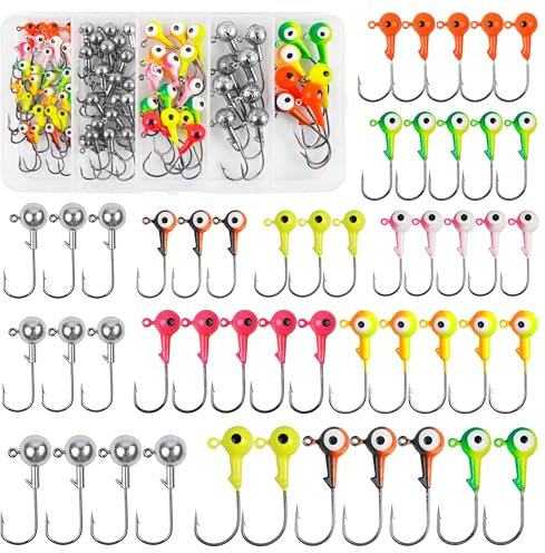 Fishing Jig Heads Hook Kit Round Jig Heads Fishing Lures Ball Painted Fishing Jig Hooks for Soft Worm Lures Bass Trout Freshwater Salt Water