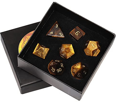 KYEYGWO Tigerauge Kristall Polyedrische Würfel Set, 7pcs Reiki Heilung Stein Polyedrischer Spielwürfel für Dungeons und Dragons RPG DND Dice Tischkartenspiele Brettspielwürfel