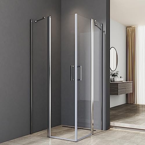 Duschkabine Eckeinstieg 90x90cm Pendeltür 6mm NANO ESG Glas Drehtür Duschabtrennung Duschwand mit 2 Stabilisierungsstange Höhe 185cm